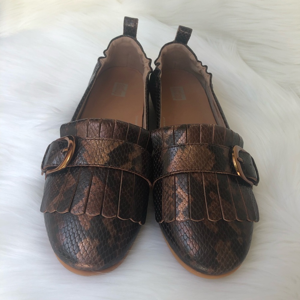 FITFLOP Allegro Fringe Snake-Embossed Ballerina Shoes Size 8